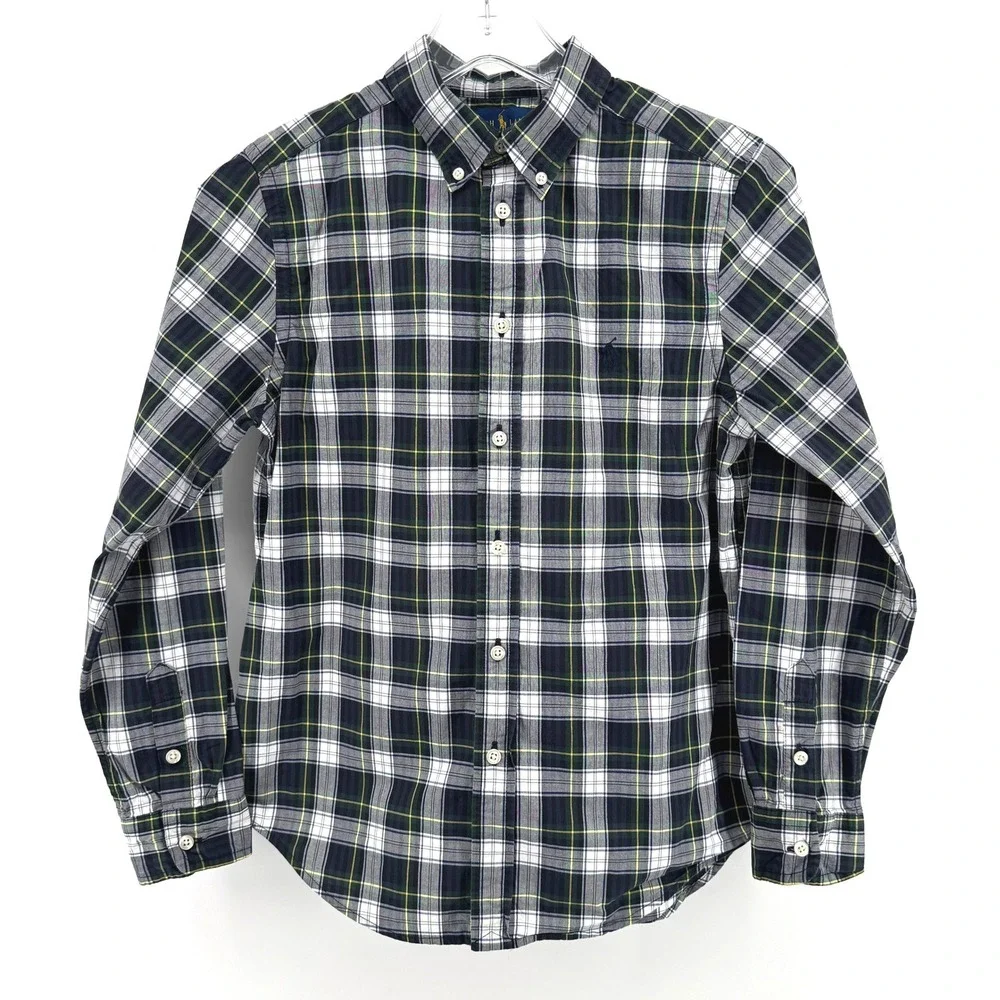 Ralph Lauren Button Down Shirt Boys Large 14-16 Navy Plaid Tartan Preppy Holiday